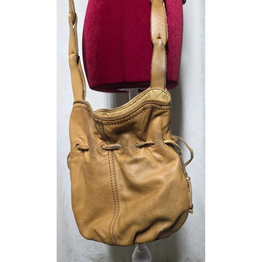 Lucky Brand Y2K Brown Lamb Leather Bucket Bag Boho Drawstring Crossbody Purse